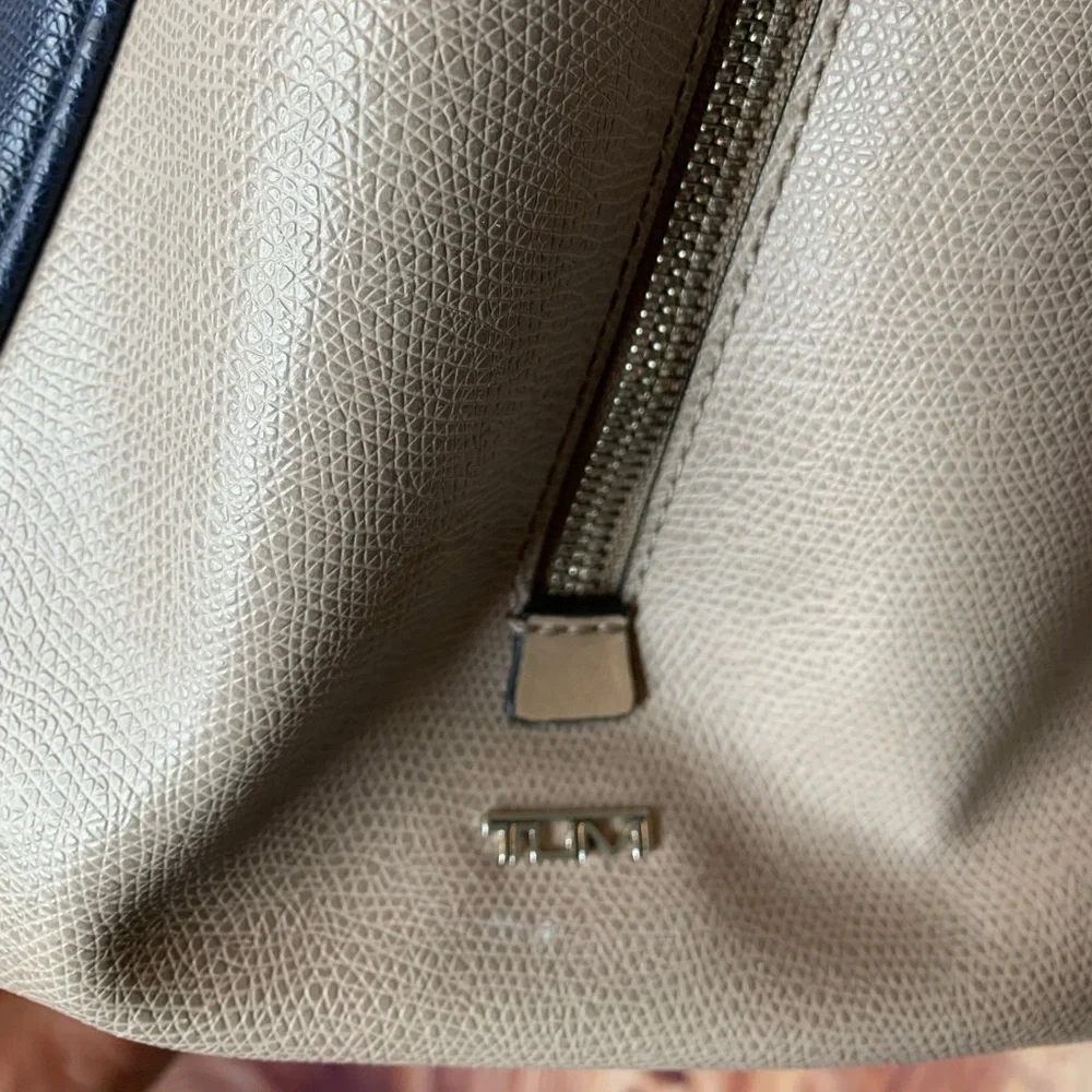 Tumi Pavia Satchel Bag Two Tone Navy Taupe Travel Laptop Tote. Embossed